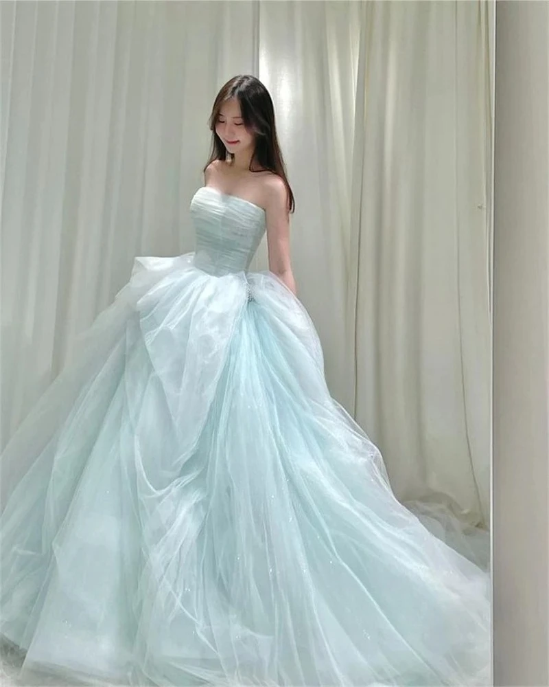 Princess Mint Tulle Wedding Dresses A-Line Korean Photo Shoot Long Prom Dresses Sleeveless Wedding Party Dress Customized