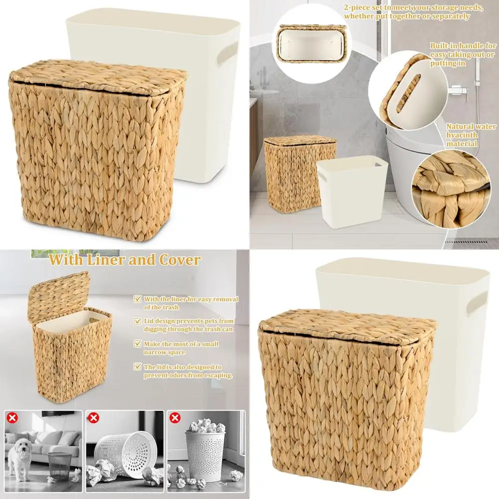 

Handcrafted Wicker Trash Bin with Lid, 2.5 Gallon Bohemian Wastebasket for Home, Office, and Kitchen