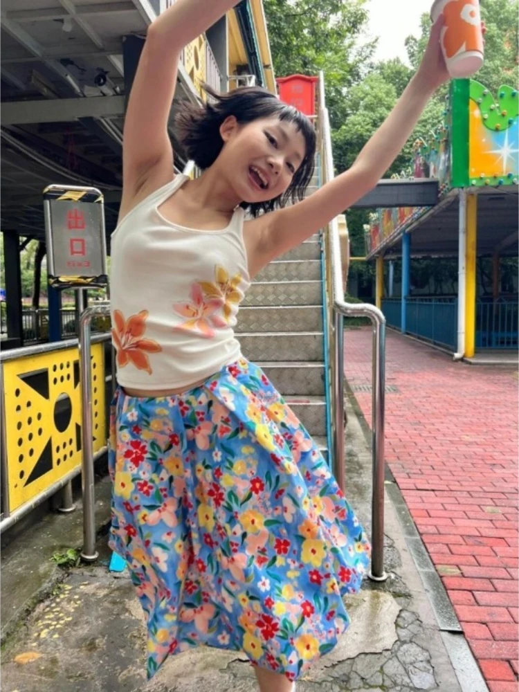 Casual Fashion Floral Print A-line Skirt For Women High Waist Mid-length Faldas Mujer 2025 Summer New All-match Skirts