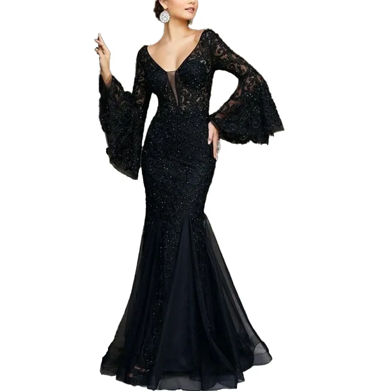 Abito da sera lungo elegante da donna, sexy, con maniche a campana, ricamo in pizzo, vita alta, vestito lungo, per invitati a matrimoni, feste formali