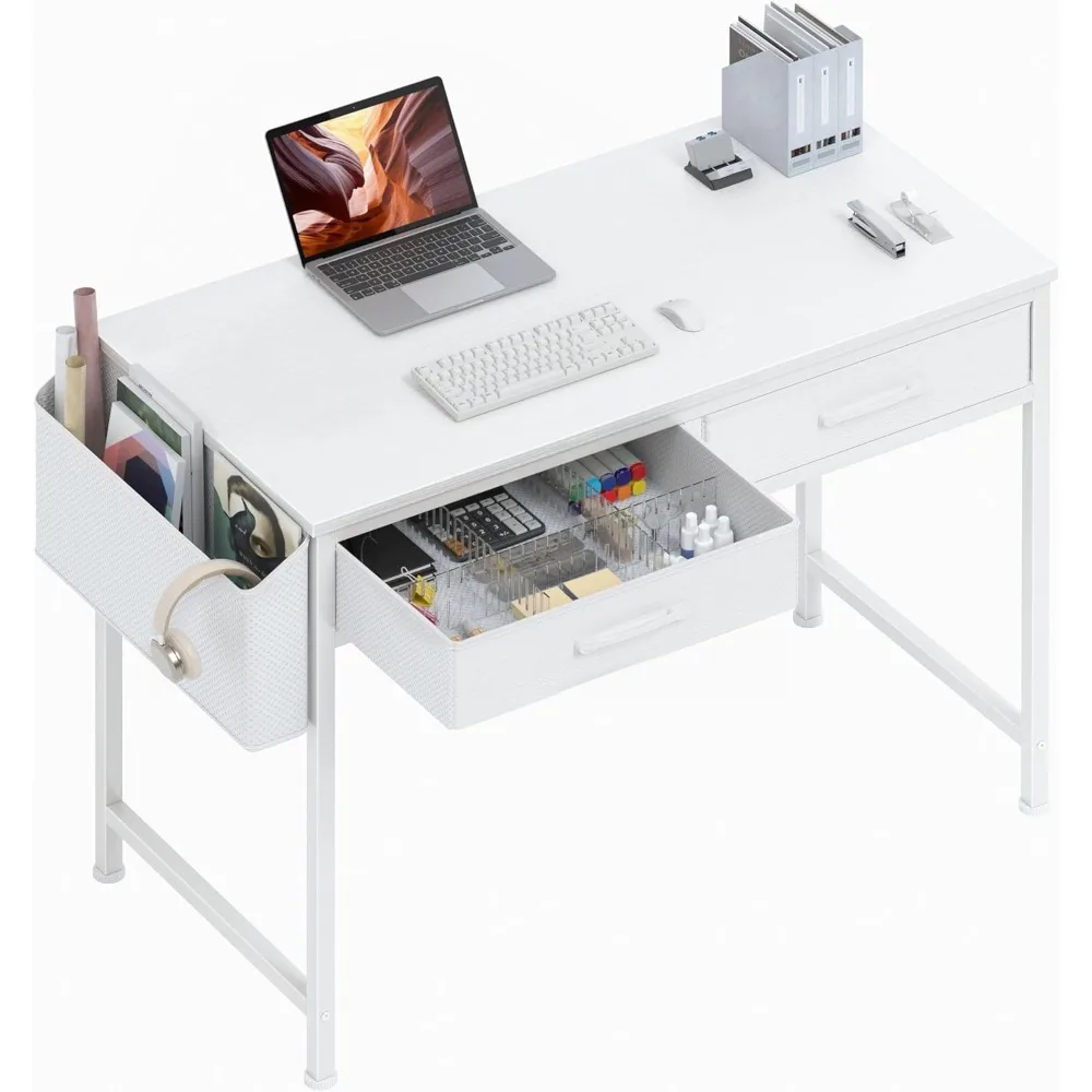 

40 Inch White Office Desk with Fabric Drawers - Space-Saving Computer and Makeup Vanity for Bedroom or Home Office