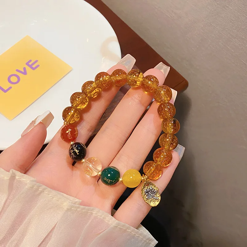 

Five Gods of Wealth Temple Artistic Retro Chinese Ethnic Style Heart Sutra Agate Colored Glaze Lotus Bracelet