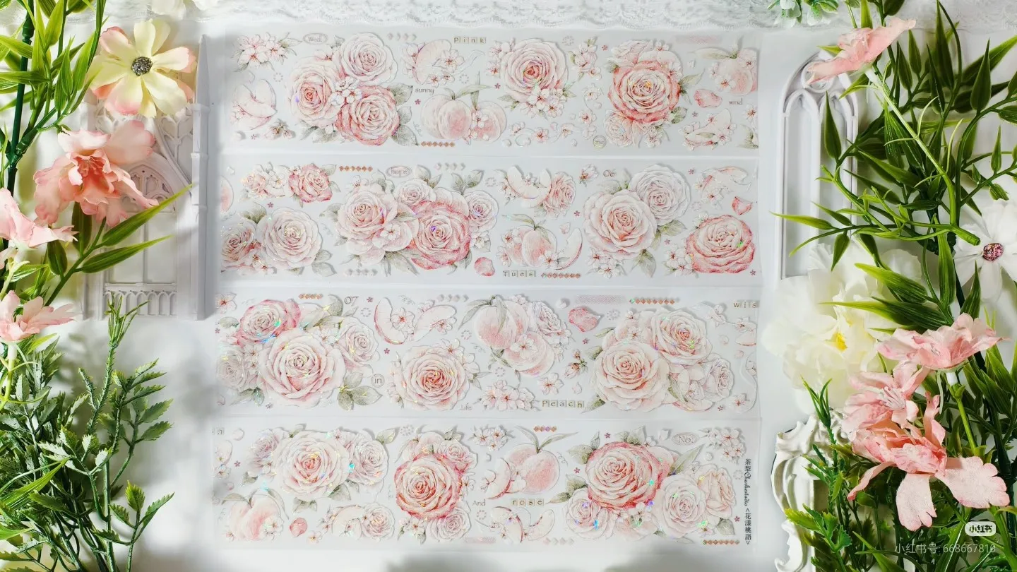

5m Half Roll Tea Plow Journal Flowery Peach Language Shell Shiny Washi Pet Tape Sticker Journal DIY Cards Valley Beautiful Pink