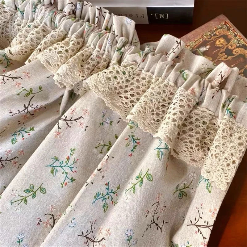 140*150 American Style Retro Idyllic Linen Curtains for Kitchen Lace Handmade Beige Curtains for Living Room Bedroom #A031