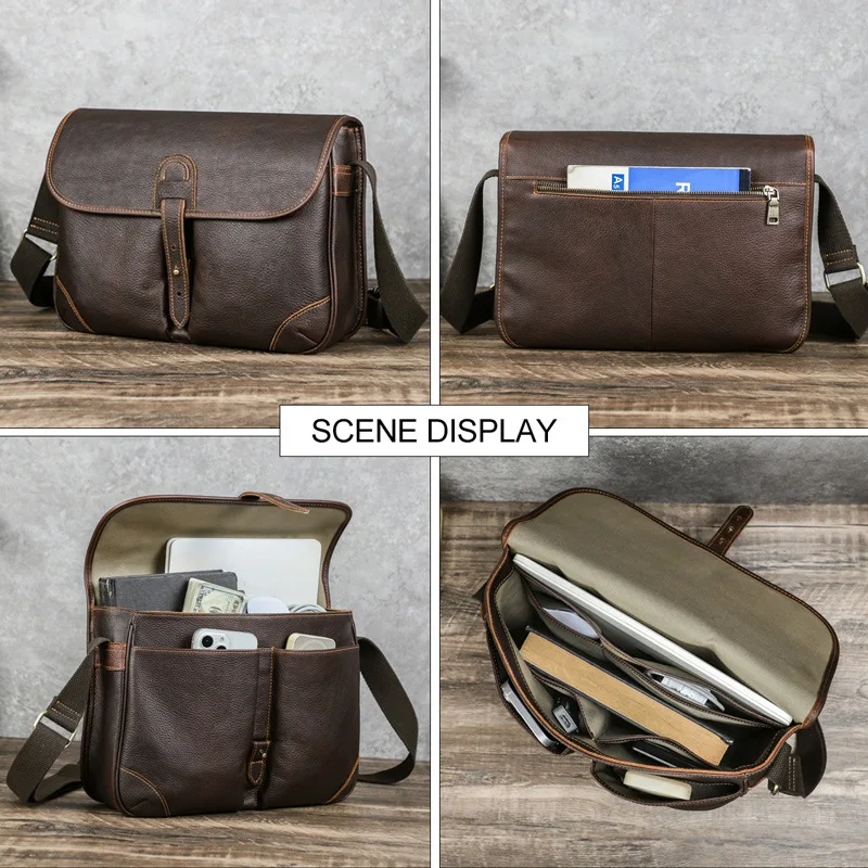 High end Genuine Leather Shoulder Bags for Men Falp Small Briefcase Retro cowhide Crossbody Messenger Bags Laptop Bag coffee