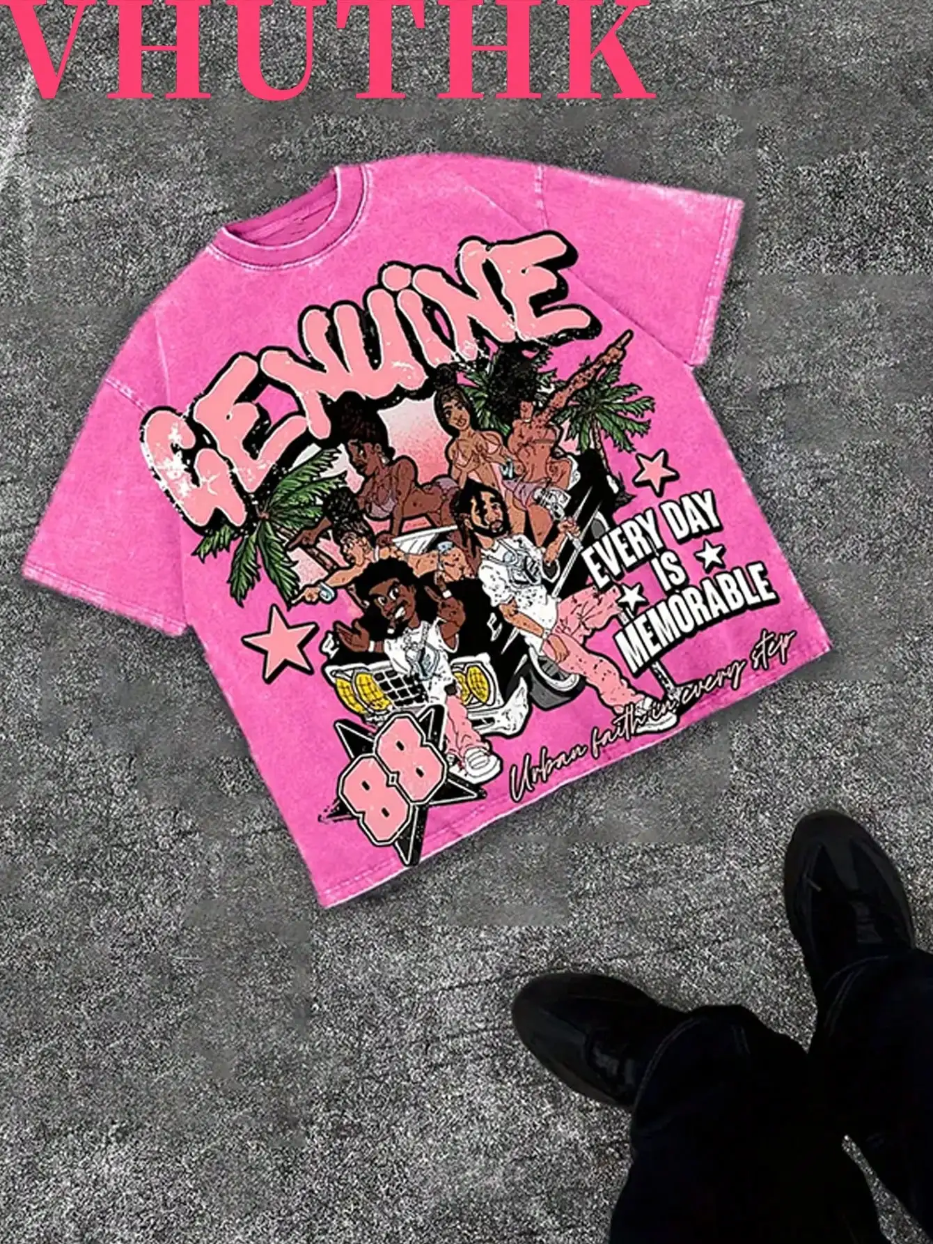 

Pink Distressed Cotton Graphic Tee with Bold Lettering and Urban Scene Print