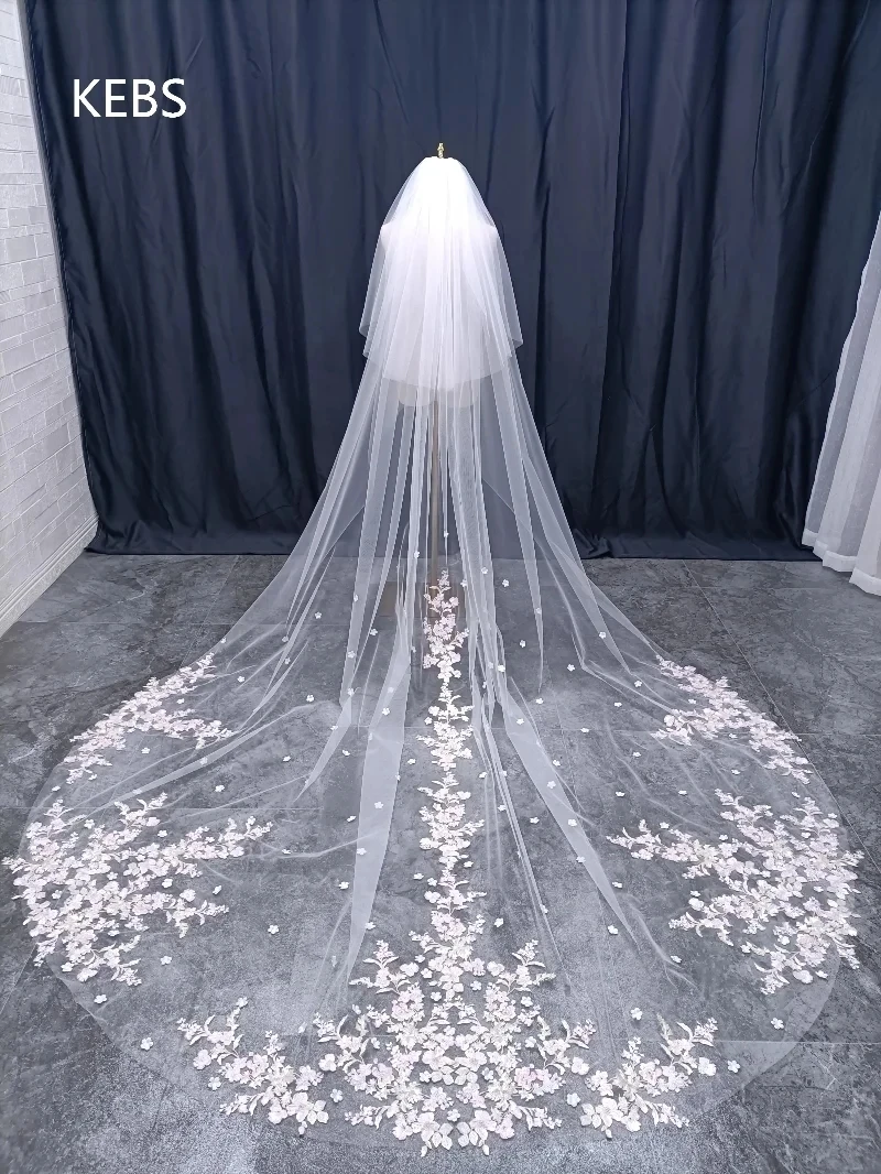 

White ivory double-layer bride lace veil, pink flower cathedral long headpiece, metal comb, wedding accessories