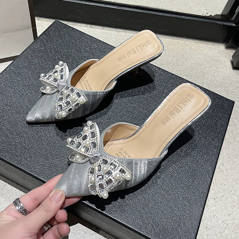 Zapatos de tacón alto con correa de hebilla para mujer, sandalias puntiagudas con decoración de nudo de mariposa, Sexy, Verano