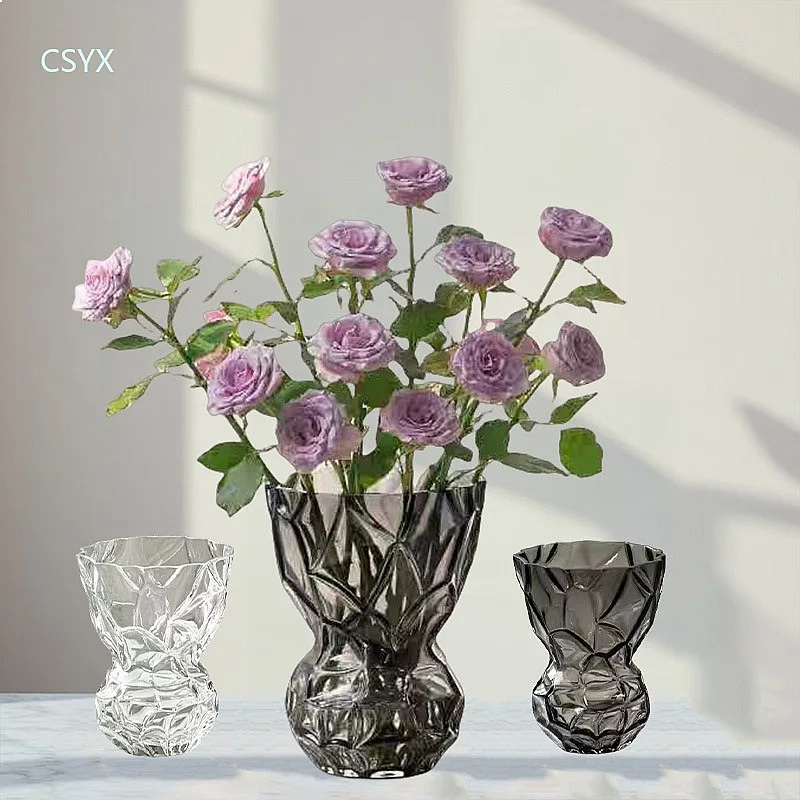 Aesthetic Nordic Valley Texture Smoky Transparent Glass Vase for Hydroponic Flowers, Wide Mouth High Quality Bulk