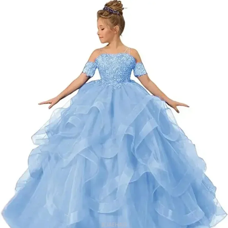 فستان الحفلات مزين بالزهور فساتين زفاف عيد الميلاد أول مناولة ثوب فتاة فستان أطفال الكرة ثوب تول قبالة الكتف الأطفال