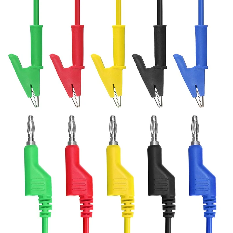 Crocodile Clip 5PCS 4mm Stackable Colorful Silicone Banana Plug to Alligator Clip Multimeter Test Probe Lead Wire Cable 1M