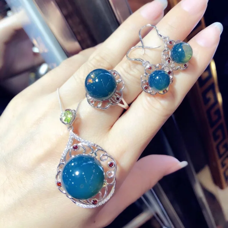 

16mm13mm9mm Mexican Inlaid S925 Silver Jewelry Set Blue Amber