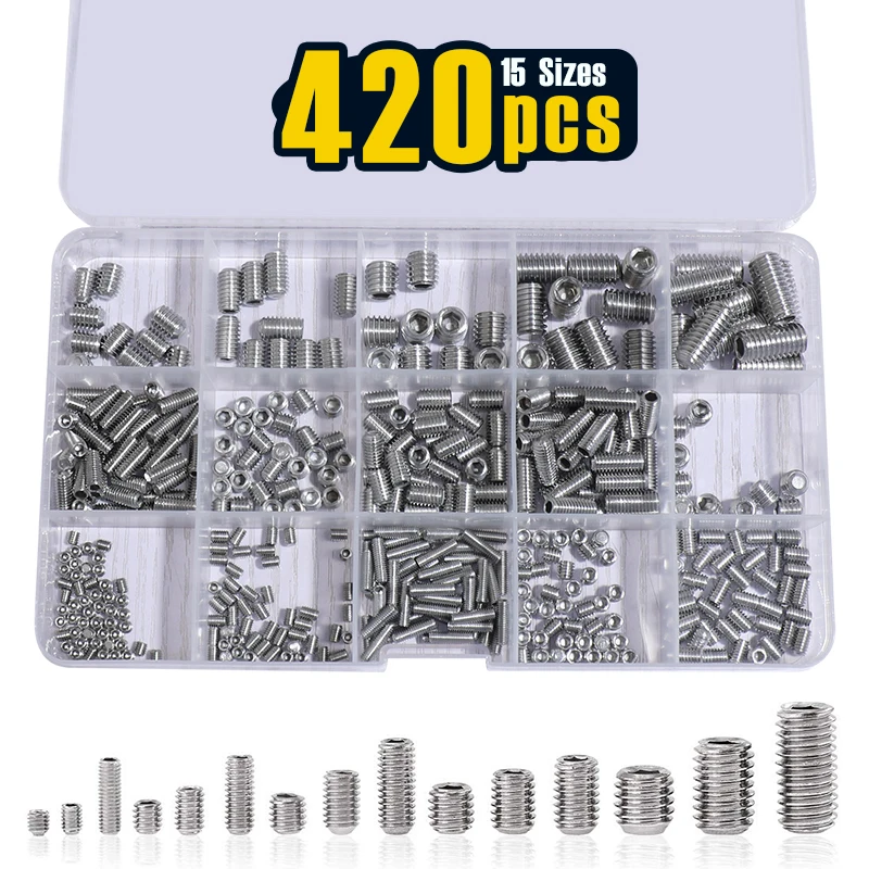 420Pcs M3/M4/M5/M6/M8 Allen Head Socket Set Screw, 304 Stainless Steel Internal Hex Drive Grub Screw Assortment Kit