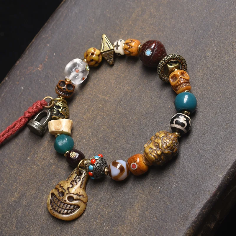 Tibetan-style returned multi-treasure bracelet made of yak , , star-moon bodhi, agate, dzi beads, and camel bone
