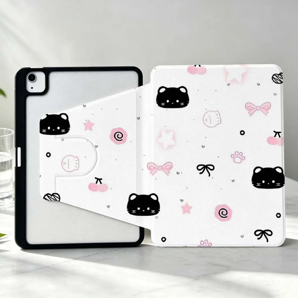 Cartoon Cat Star Bow Cherry For iPad Pro Air mini 6 5 4 12th M5 M4 M3 M2 A16 A17Pro 360° Rotation Stylus Storage Tablet Case