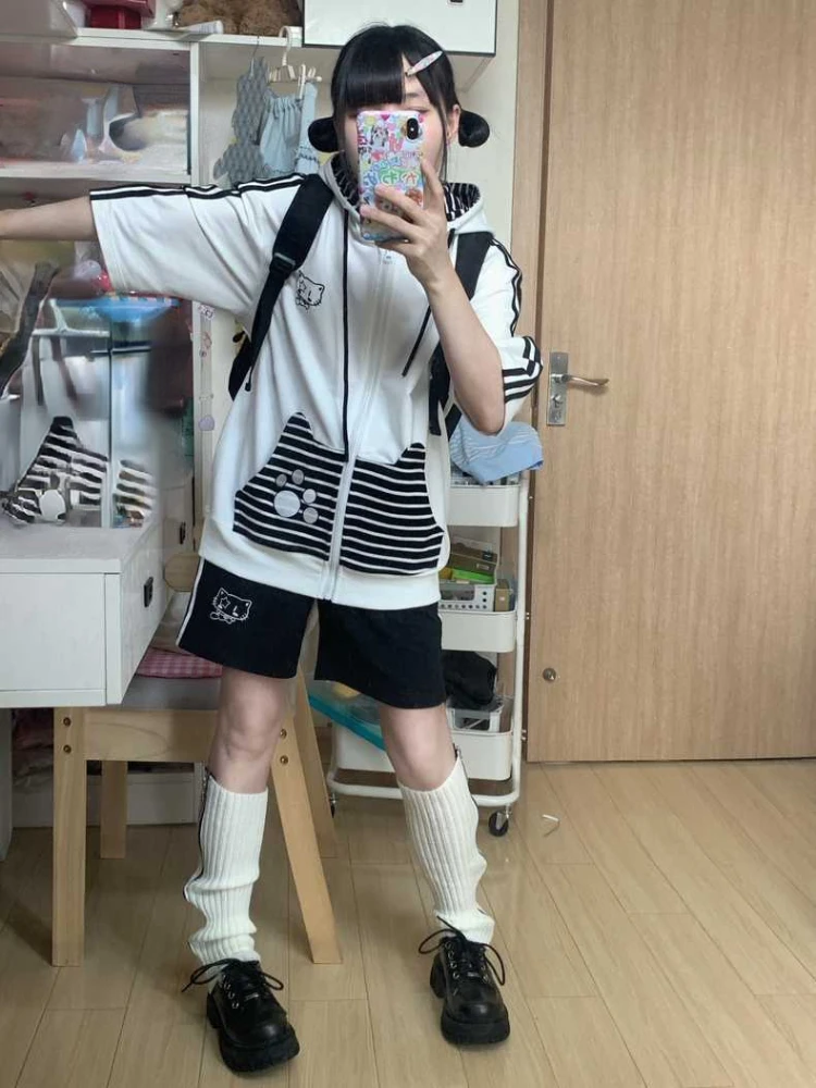 2024 Japanese Vintage Sweatshirt Cartoon Hooded Hoodies Loose Grunge Stripe Patchwork Tops Casual Y2k Aesthetic Streetwear Women