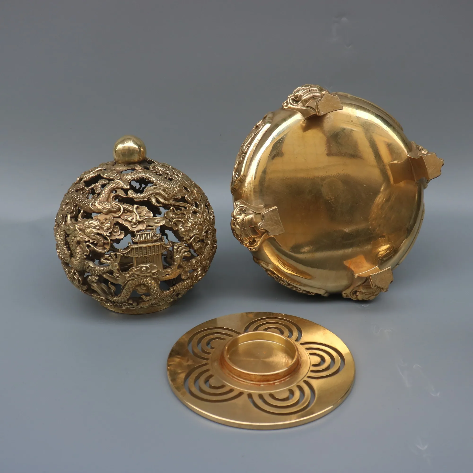 Coleção do templo tibetano, Bronze antigo, nove Dragon Hollow Ball, Qiankun incenso queimador, acumular riqueza ornamentos, Town House e exorcismo, 9