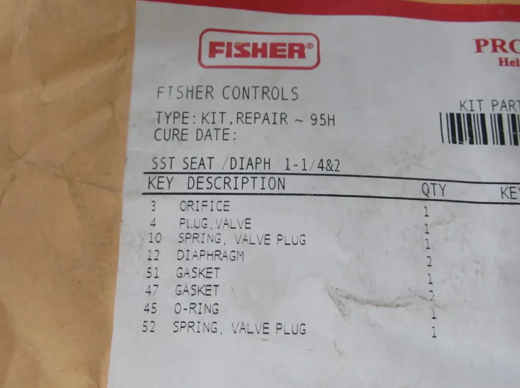 Kit de reparación de posventa FISHER R95HX000082 Kit de reparación de tipo de repuesto 95 H