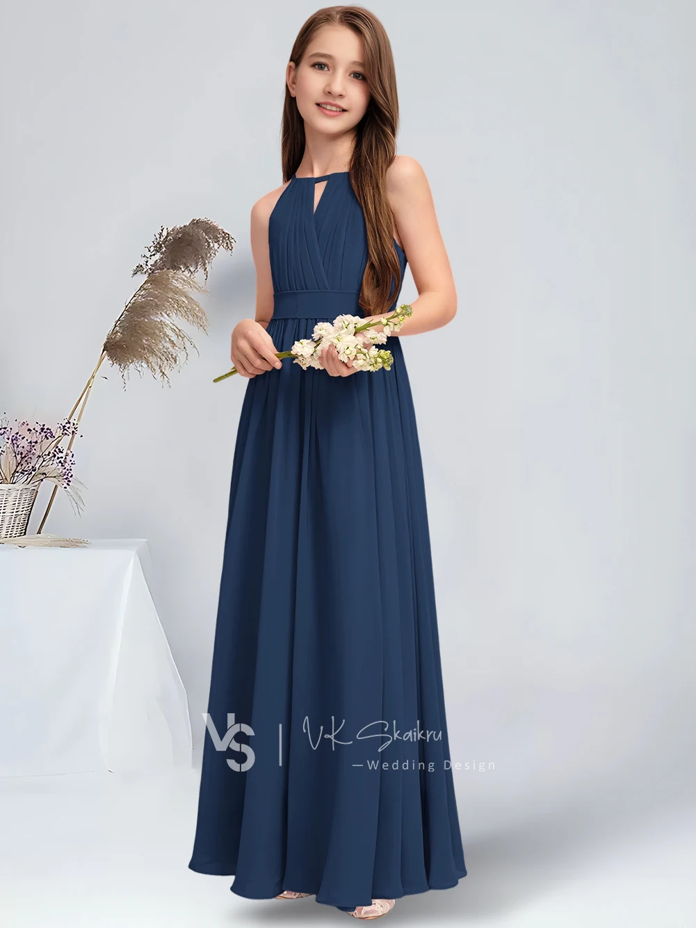 Vestido de dama de honor de gasa con cuello Halter, vestido plisado con lazo, elegante, Rosa polvorienta, longitud hasta el suelo, para boda