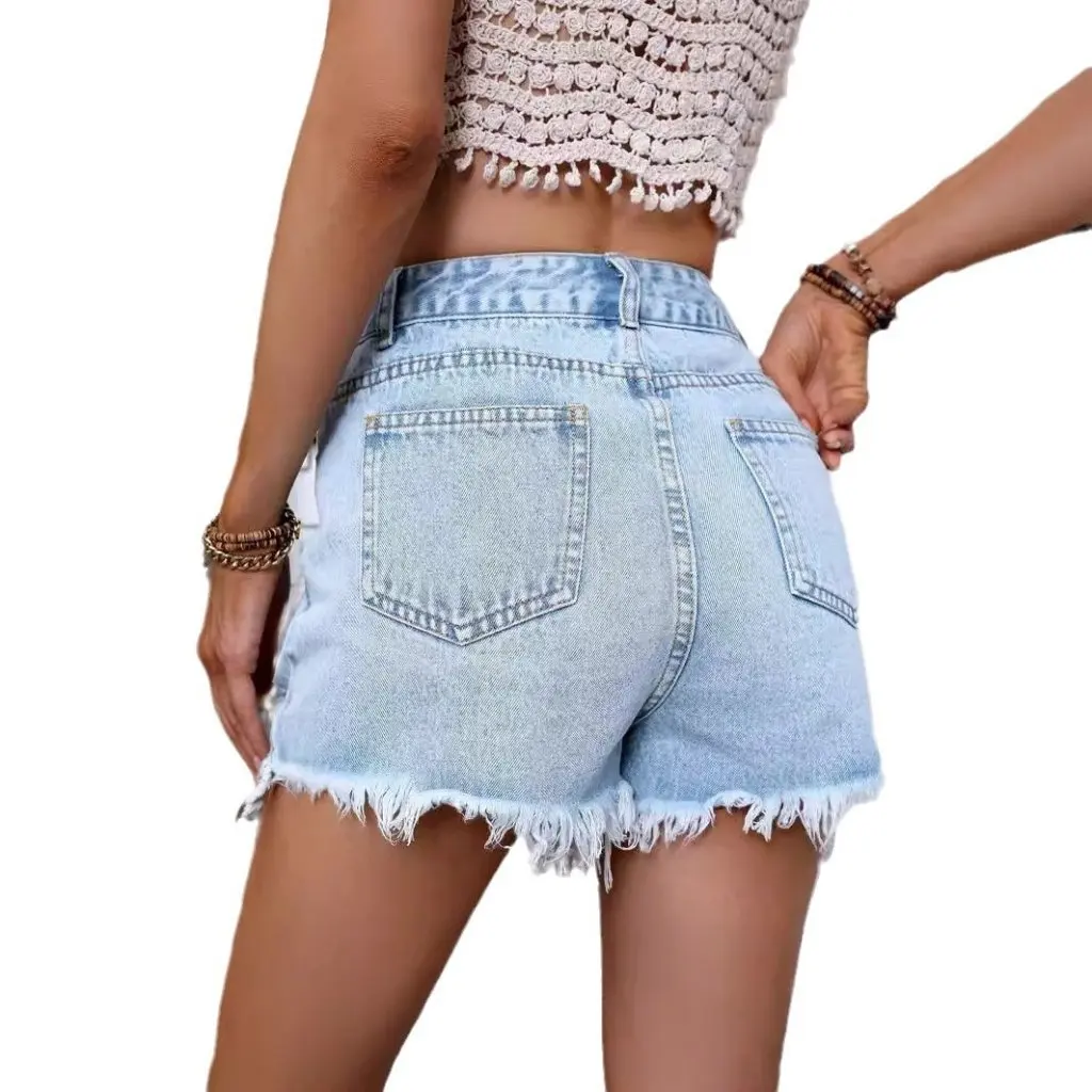 Shorts jeans feminino cintura alta com buraco de rebarba casual INS novo estilo 40 #   em estoque moda