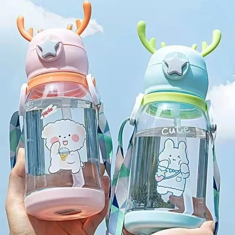 600ML Antler Water Bottle Children Bounce Straw Drinkware Cartoon Cute Travel Sports Outdoor Strap Water Kawaii Cup Waterbottle