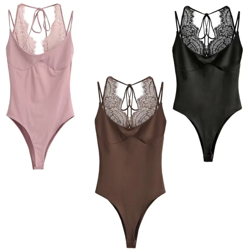 

Women's Splicing Lace Jumpsuit Spring Summer Fashion Round Neck Thin Straps Bodysuit Sexy Backless Slim Female Beach Style Tops