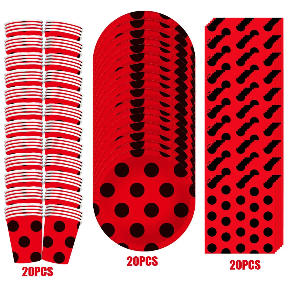 Rot-Schwarze Polka-Dot Marienkäfer Geburtstagsparty Dekorationen Einweg-Geschirr Pappteller Becher Babyparty Mädchen Partyzubehör – Detail 3