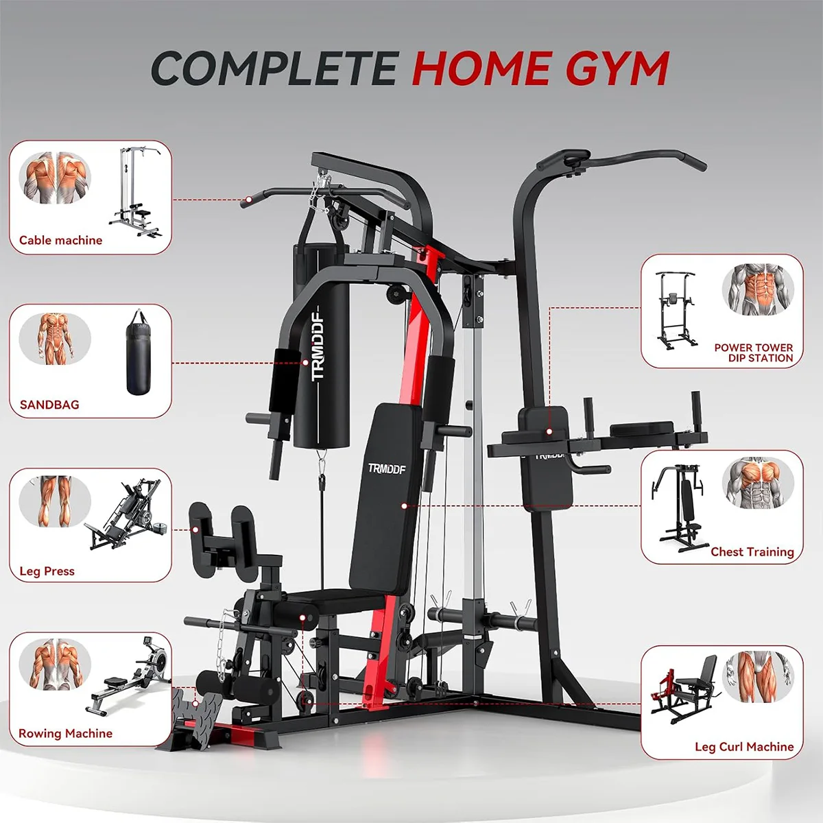 Pooboo Home Gym Equipment for Full Body Strength Training Workout Equipment Lat Pulldown, Chest Press, Low Row and Leg Training Plus Pull up Bar, Dip Station and Punching Bag for Full-Body Workouts