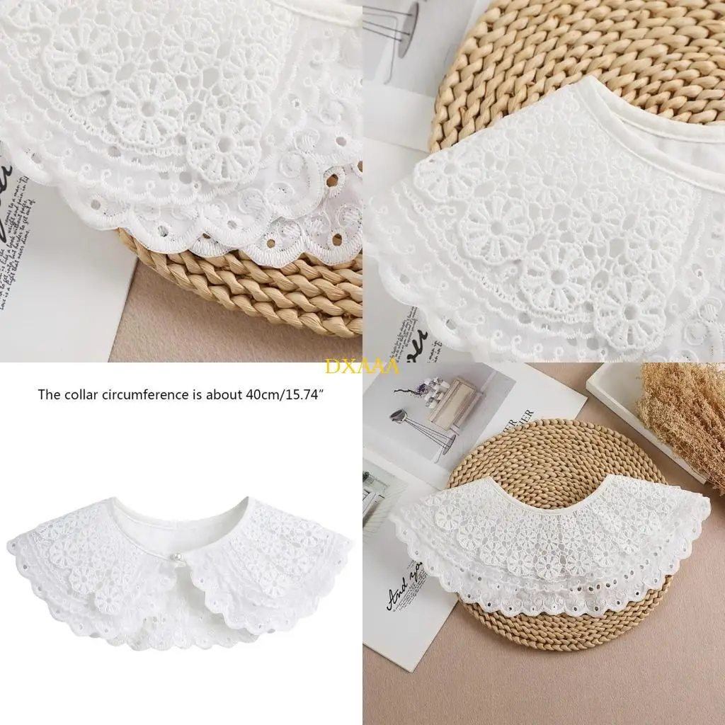 DXAA Women Lovely Lace Fake Collar Flower Pattern False Collar Three Layered Breathable Summer White Collar Necklace Shawl