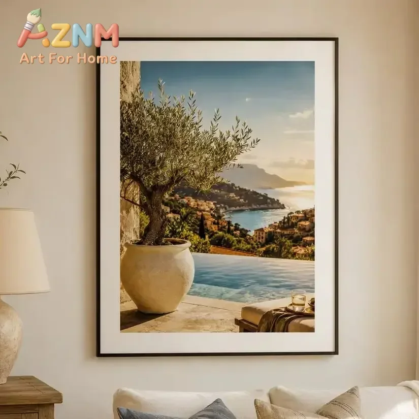 AZNM Mediterranean Coastal Canvas Wall Art Olive Tree Sea View Village Sunset Landscape Art Print Unframed Canvas Poster for Hom