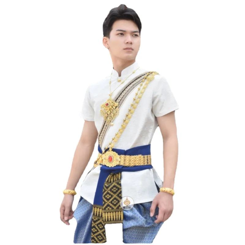 Spirng Summer Thai Traditional Dress Men Shirt Knickerbockers Thailand Clothes Oriental Style Dai Costume Asian Clothing