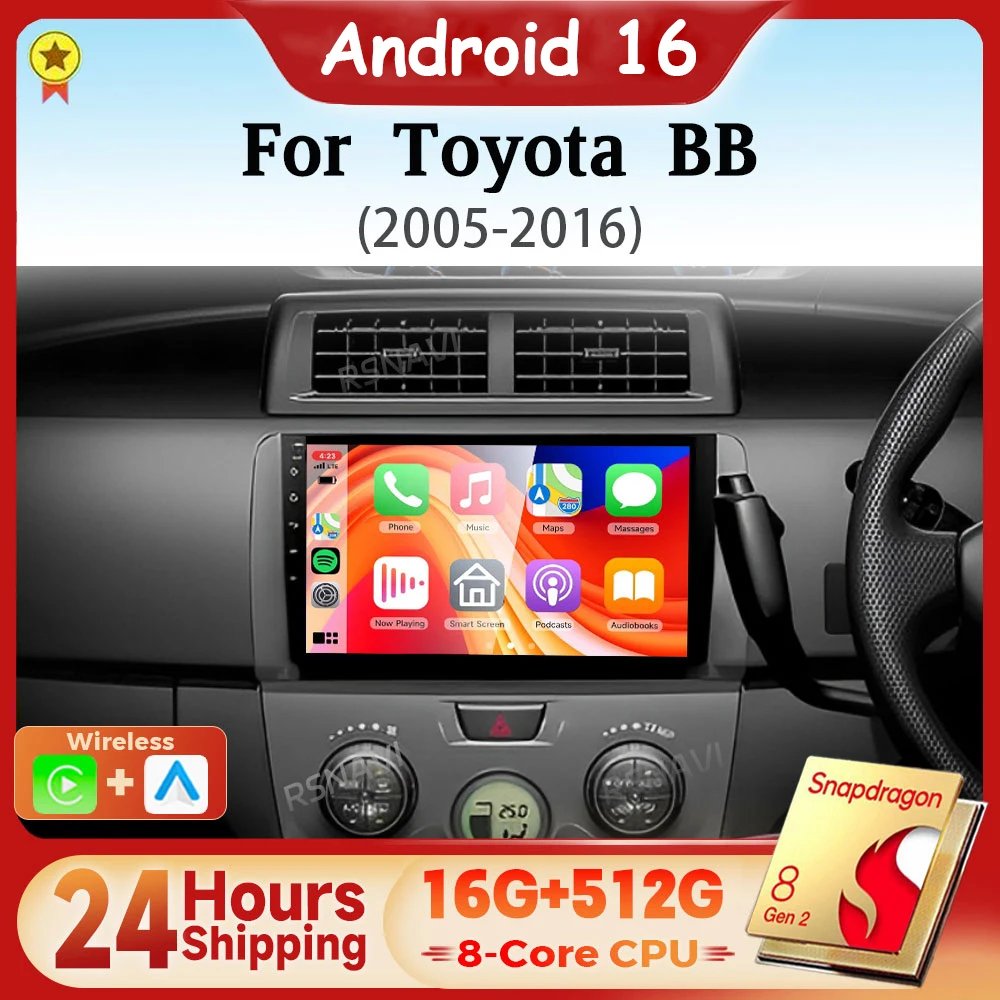 Android 16 Qualcomm Carplay Auto 2K Screen Car Radio Multimedia Player For Toyota BB 2 2005 - 2016 Autoradio GPS BT Snapdragon