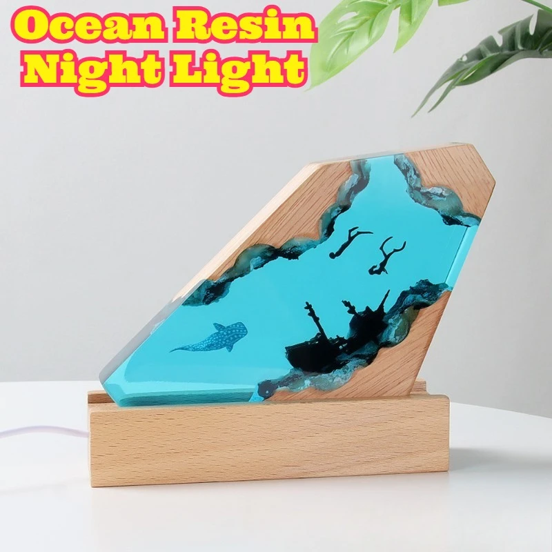 

Ocean Micro Landscape Resin Night Light Handmade Ornament Epoxy Resin Solid Wood Lamp Base Home Decor Craft Artwork Desk Display