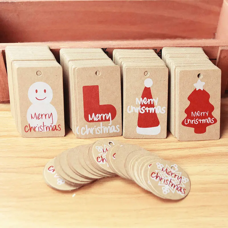 100pcs/lot Wesołych Świąt Kraft Paper Tags DIY Gift Label Hang Tags Gift Wrapping Supplies Party Favors Christmas Decoration