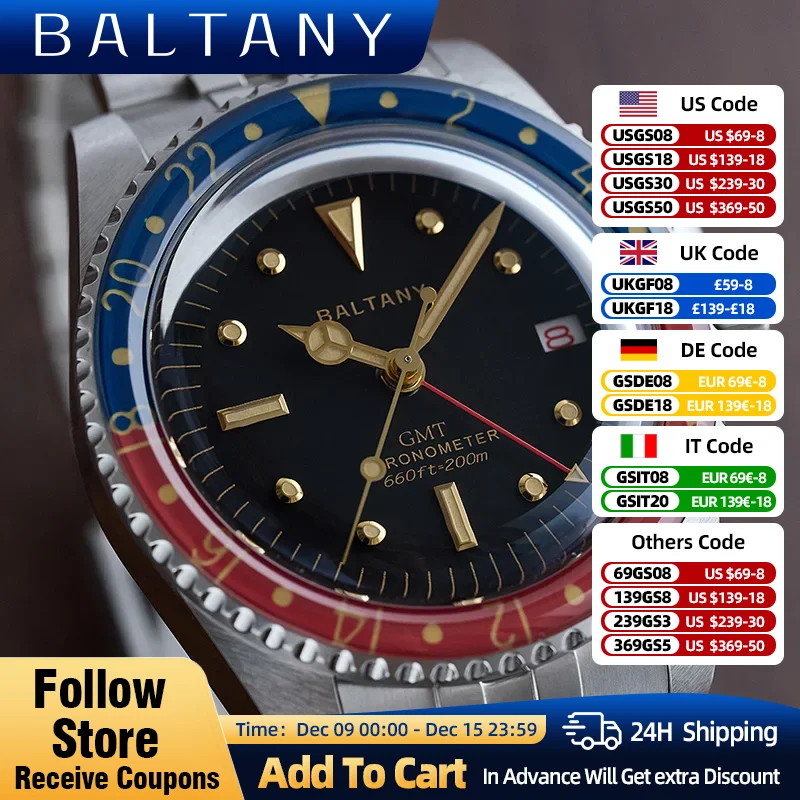 Baltany New 39mm NH34 Vintage GMT Watch Cola Bezel Dome Sapphire Jubilee Style Bracelet 20Bar Luxury Automatic Mechanical Watch