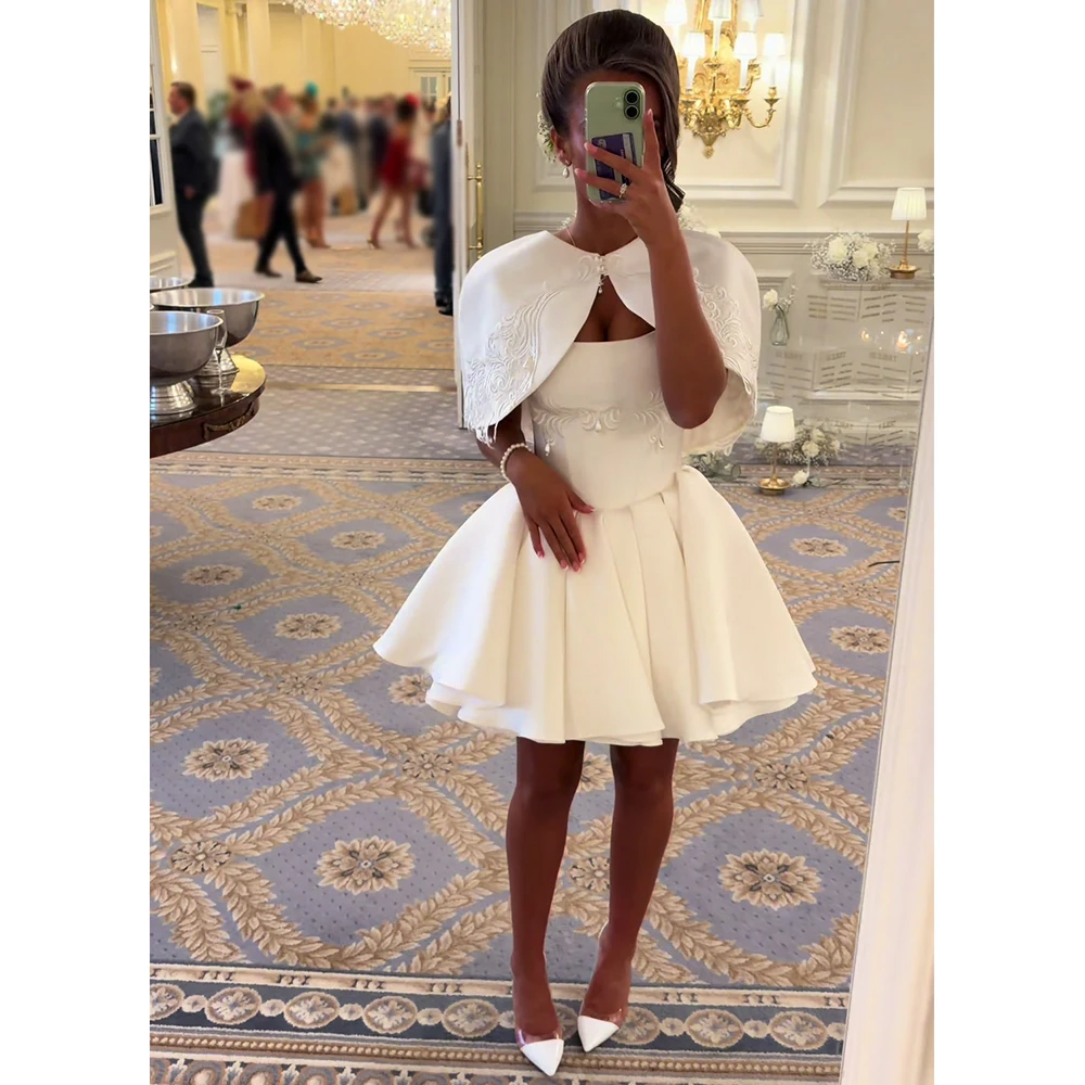 Customized Modern Bridesmaid Dresses Mini Ball Gown Ivory Satin Bridesmaid Gowns with Cape Applique Wedding Party Dress Short