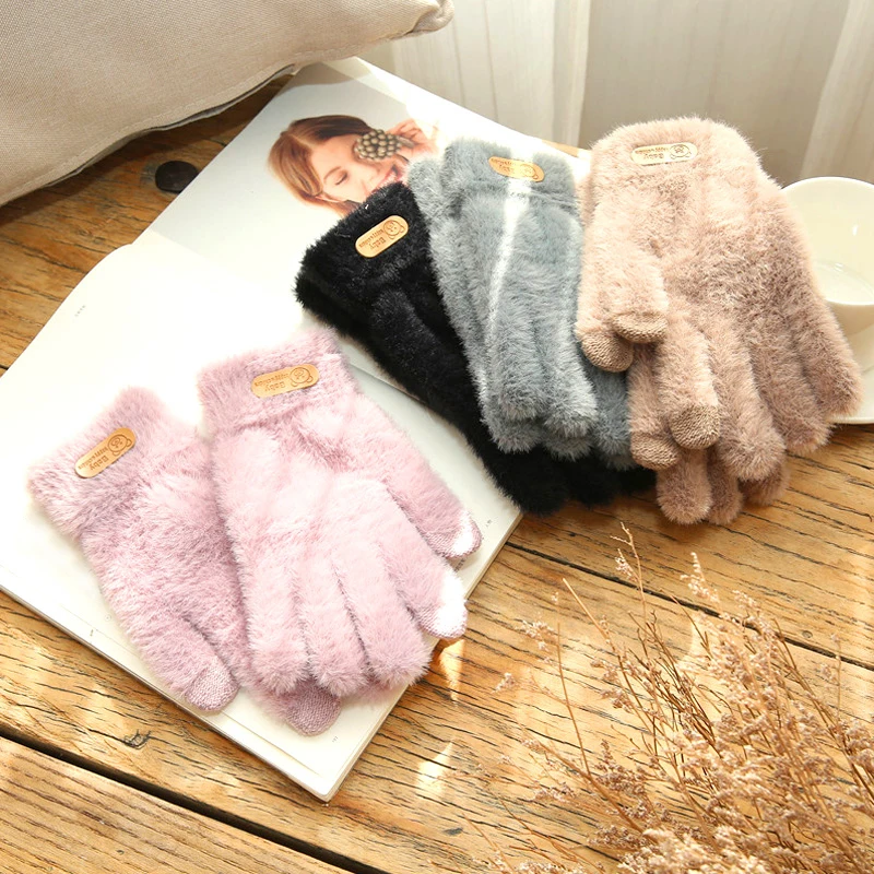 

Winter Knitted Gloves for Women Touch Screen Cycling Gloves Thick Warm Women's Faux Fur Mittens Windproof Full Finger Gloves