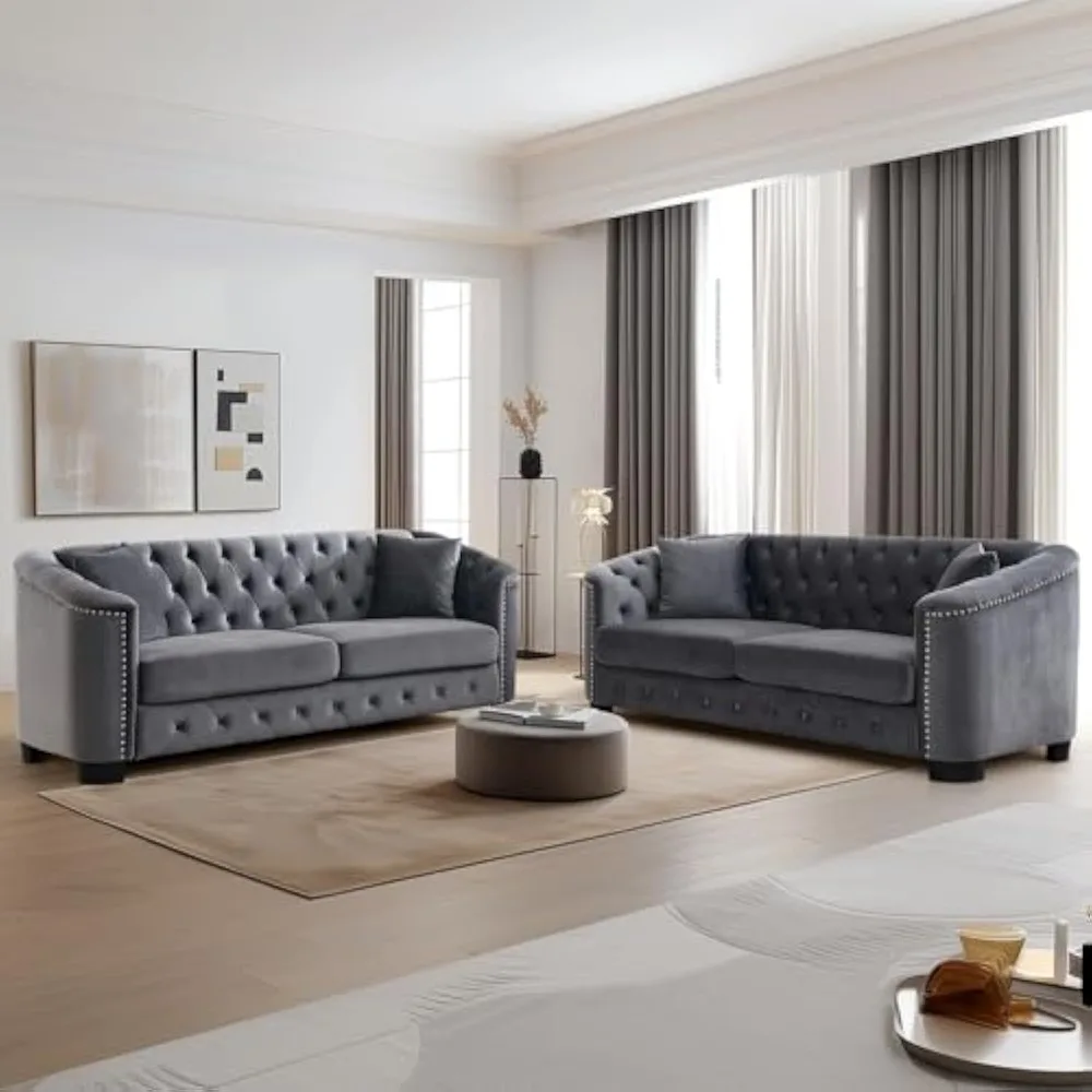 2 Piece Modern Chesterfield Velvet 77 3-Seater Sofa Set,Upholstered Tufted Backrests with Nailhead Arms and 4 Cushions for Livin