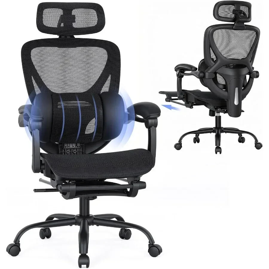 Ergonomic Mesh Office Chair with Footrest, Executive High Back Computer Desk Chair with 3D Adjustable Headrest and 5-Level Lumb