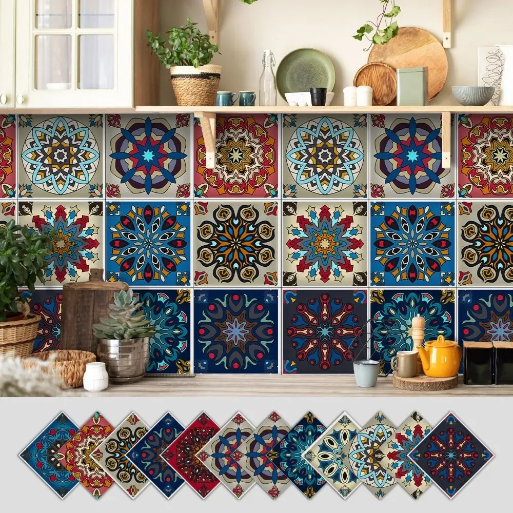 12Pcs Mandala Pattern Backsplash Tile Stickers Multicolor Design PVC Tile Decals Waterproof Removable Decorative Tiles