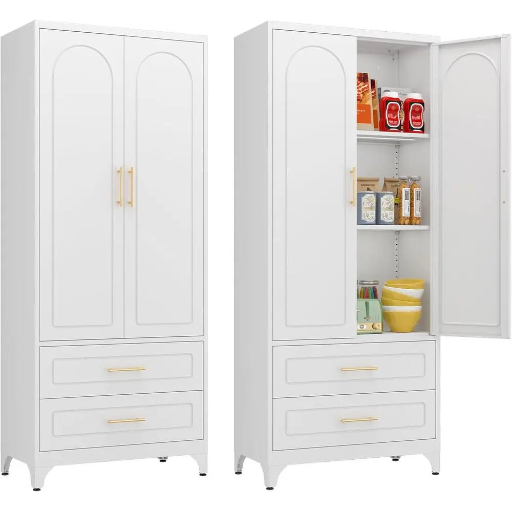 

75 Tall Metal Kitchen Pantry Cabinet with Double Doors, Adjustable Shelves for Dining and Living Room Storage, White, Assembly R