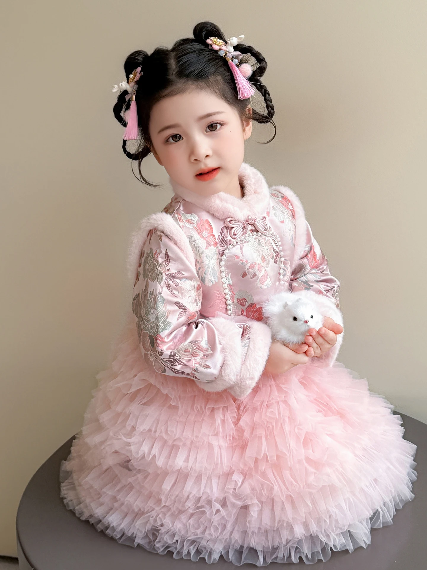 

Girls' Winter Thiened Fce Pearl New Year's Dr Cotton Blend Traditional Chinese Sle Clothing Baby Tang Suit Hanfu