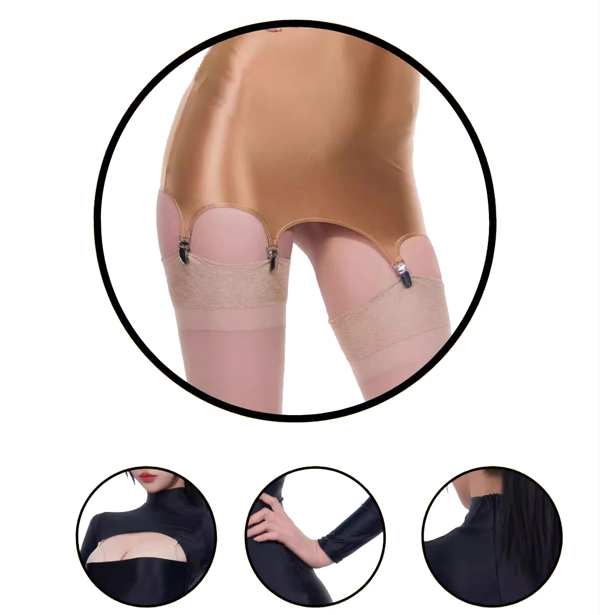 Women Oil Glossy Sexy High Elastic Metal Button Hollow Out Irregularity Short Skirt Long Sleeve High Neck Tight Dress Party Club