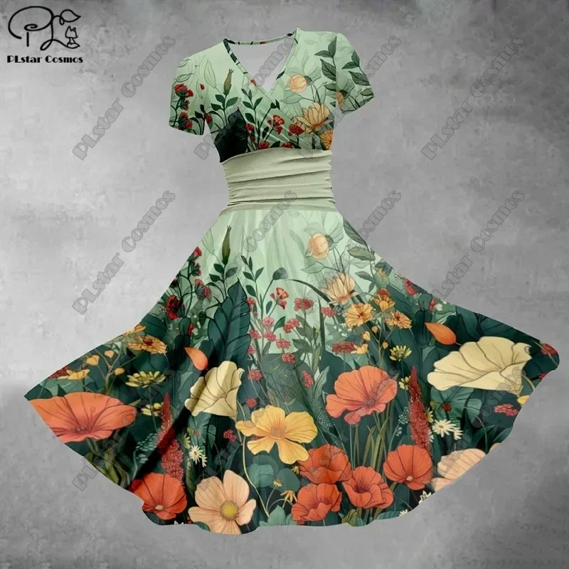 

3D printed floral loveself series small fresh printed V-neck short-sleeved dress A-line long skirt casual and fashionable s-15