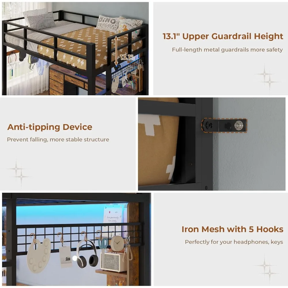 سرير علوي مع مكتب، سرير علوي معدني مزدوج مع 8 أدراج للتخزين ومحطة شحن وأضواء LED، 4 أرفف تخزين مفتوحة، Noise-Fr #6