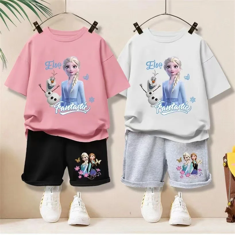 Summer Baby Kid Girls Short Sleeve Clothes Tshirts Shorts Suit Cartoon Frozen Elsa Tees Children Toddler Pajamas Set Top Outfits