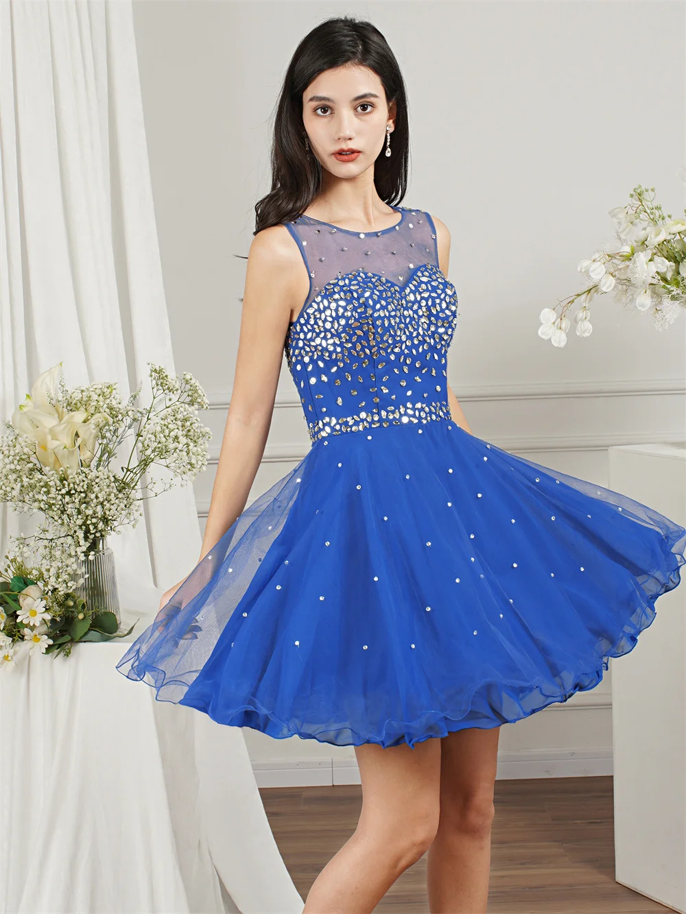 MisShow Royal Blue Short Tulle Homecoming Dress For Juniors Cocktail Party Sleeveless Open Back Beaded A Line Mini Prom Dresses