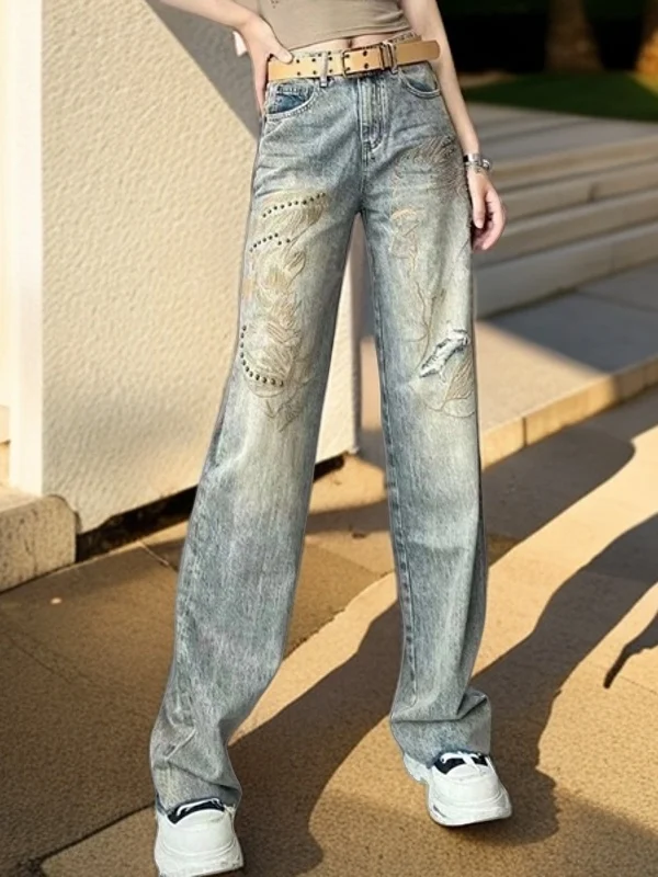 

Весна 2026: Женские повседневные джинсы с высокой талией, широкими штанинами, прямым кроем, вышивкой, свободного кроя, в пол, нелиняющие