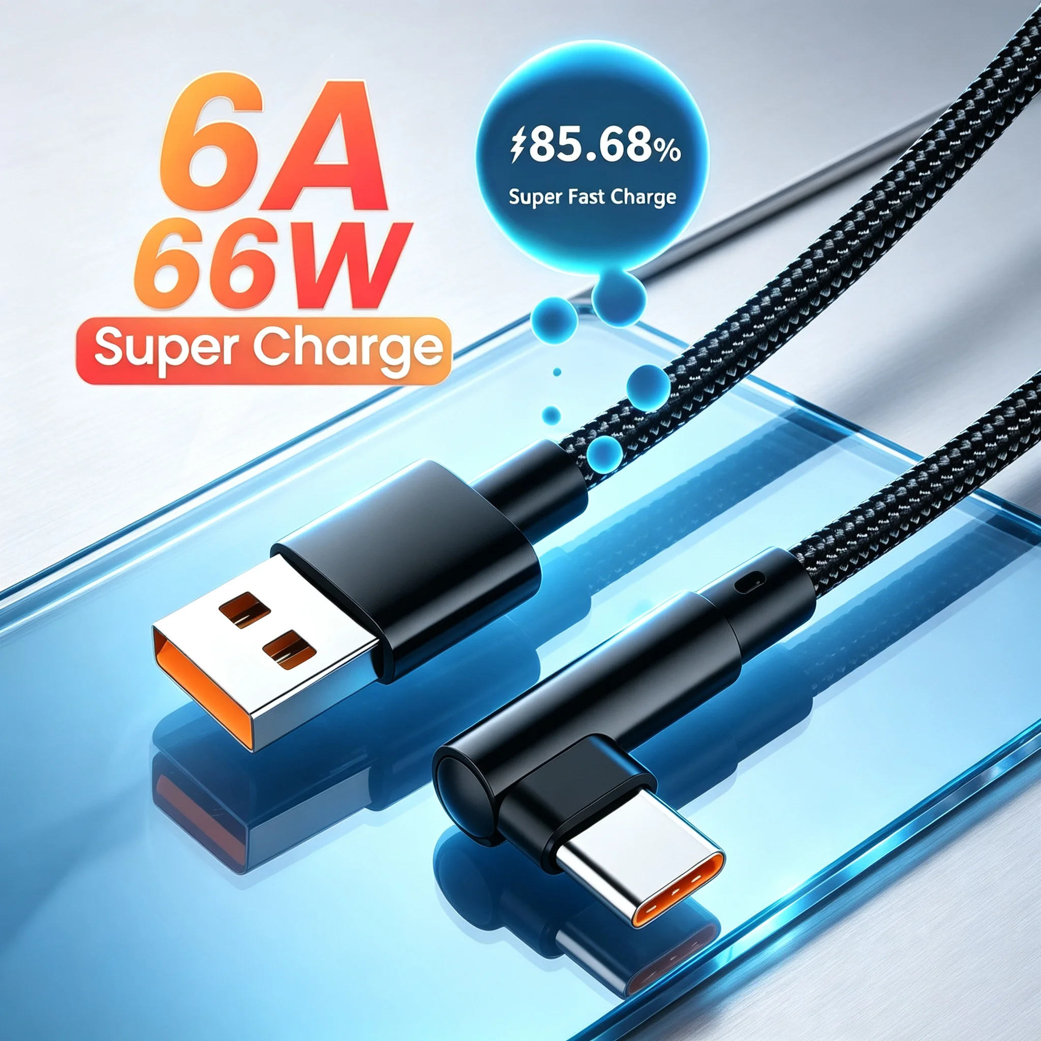 66W 6A 90 Degree Elbow USB to Type C Data Wire Fast Charging Data Cable Quick Charging Cord for Samsung Xiaomi Huawei 0.25M-3M