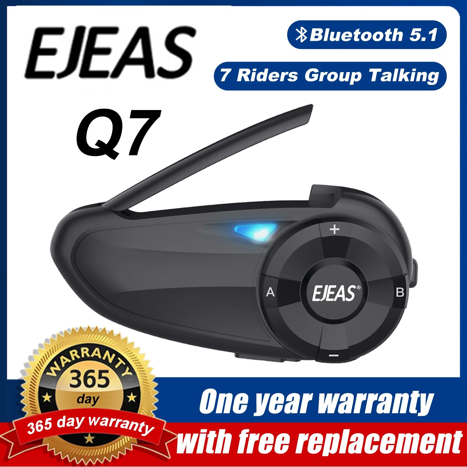 

EJEAS 7 Riders Bluetooth 5.1 Motorcycle Helmet Headset Intercom Wireless Waterproof Interphone Headsets FM Q7/Quick7